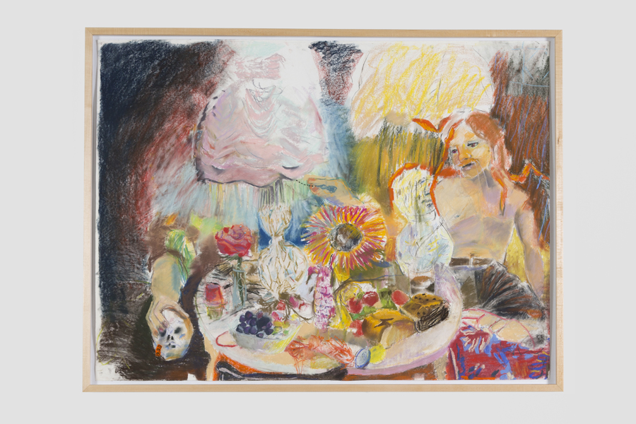 <i>Still Life with babka, rye, lemons, shallots, radishes on a bed of leafy greens, ovaltine, crawdads, corn, concord grapes, seedless green grapes, sunflower, rose with dew drops, jello cups (cherry and lime) and two lamps</i>, pastel on paper, 2019